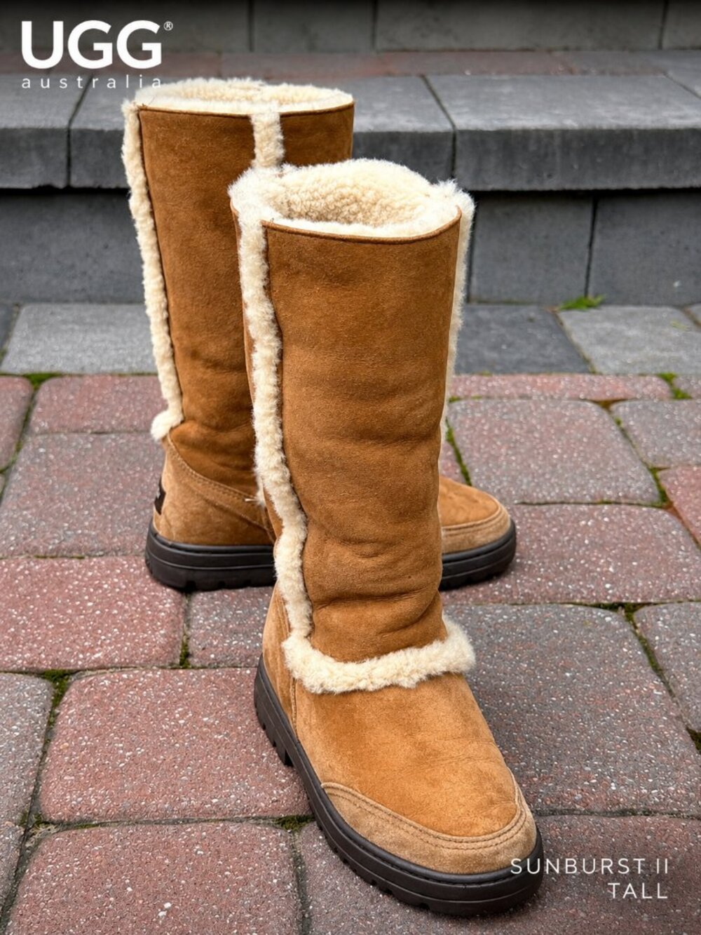 UGG Australia Sunburst II Tall Sheepskin Wool Boots Chestnut Size 8 Made in New